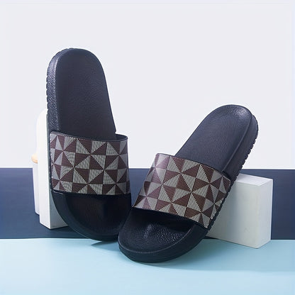 Sandálias de verão tipo slide para homem - Chinelos casuais antiderrapantes com sola macia e estampado geométrico, preto e cinzento, confortáveis ​​para uso interior e exterior.