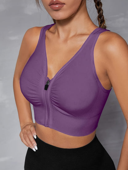 Women's Seamless Sports Bra With Zipper Front, Wide Shoulder Straps, Padded, Wire-Free, Comfort Fit, Racerback, Gym Fitness Yoga Bra Top