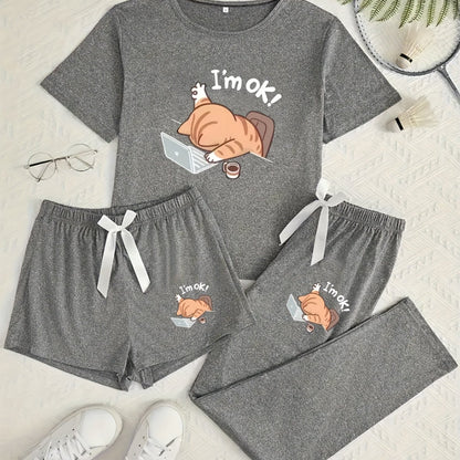 Women's 3pcs Pajama Set, Cartoon Work Kitten Print Short Sleeve Pajamas, Shorts and Longs - Bow Style, Suitable for Multiple Seasons