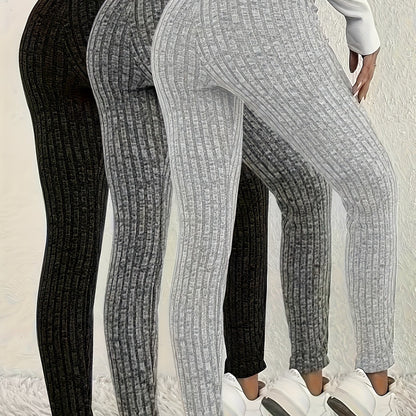 Leggings Femininas de Cintura Alta em Malha Canelada – Pack 3