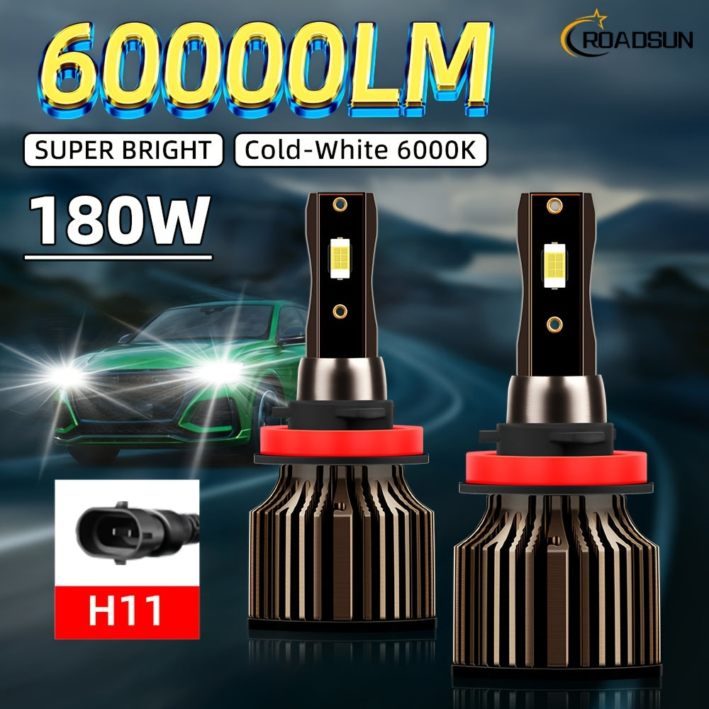 2pcs ROADSUN LED Bulbs - 60000LM Ultra Bright, 180W, 6000K Cool White, H1/H7/H11/9005/9006/H4/H13/9007/9004 Compatible, Plug & Play, Cooling Fan, Aviation Aluminum Housing, 12V/24V Compatible, for Cars, Trucks, SUVs, Motorcyc