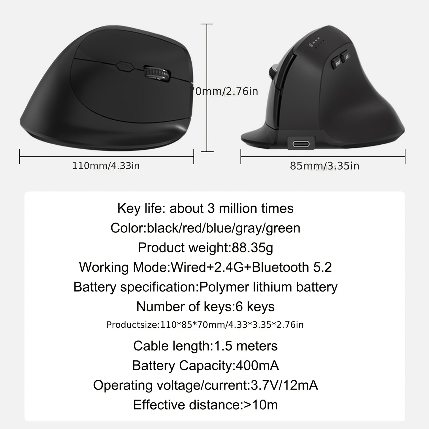 WOWSSYO Right-Handed Ergonomic Gaming Mouse - Wired + Wireless + BT Tri-Mode, 6-Speed Adjustable Optical, USB-C Rechargeable, Ergonomic Design for Laptop & Desktop Computers, Black/Red/Blue/Teal, Ergonomic Mouse, Computer Acc
