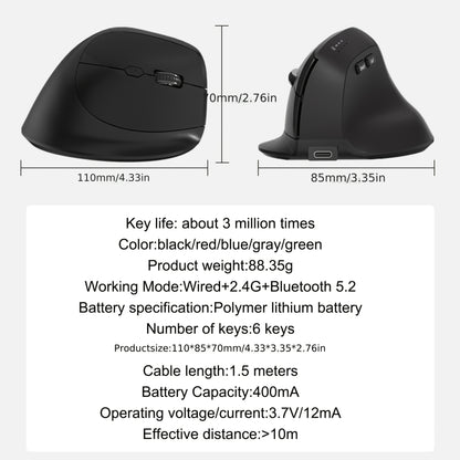 WOWSSYO Right-Handed Ergonomic Gaming Mouse - Wired + Wireless + BT Tri-Mode, 6-Speed Adjustable Optical, USB-C Rechargeable, Ergonomic Design for Laptop & Desktop Computers, Black/Red/Blue/Teal, Ergonomic Mouse, Computer Acc