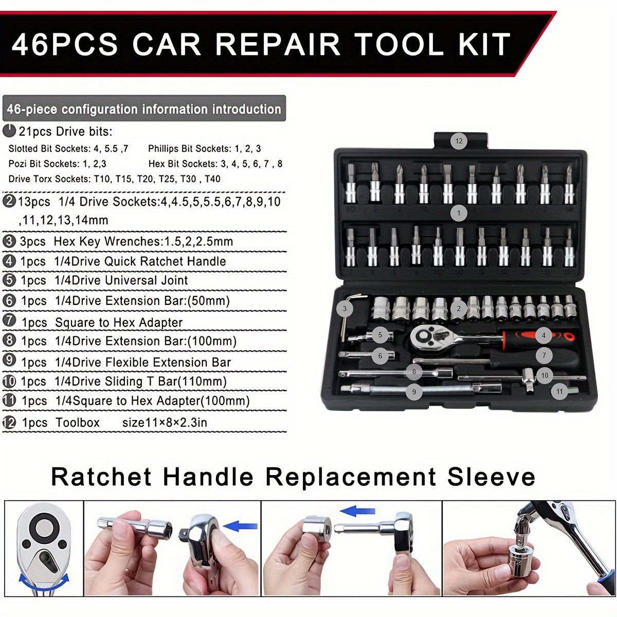 46pcs Car Repair Tool Kit, 1/4 Inch Ratchet Wrench Set with Versatile Bit Socket Set And Extension Bar, Combo Tools Kit, for Car, Motorcycle & Bicycle Repair