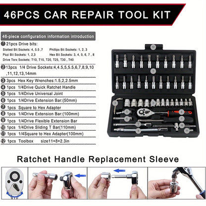 46pcs Car Repair Tool Kit, 1/4 Inch Ratchet Wrench Set with Versatile Bit Socket Set And Extension Bar, Combo Tools Kit, for Car, Motorcycle & Bicycle Repair