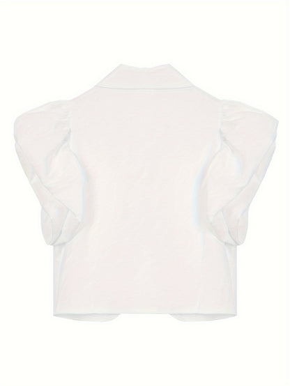 Solid Puff Sleeve Blouse, Elegant Lapel Collar Short Sleeve Blouse, Women's Clothing
