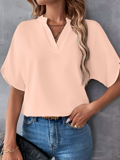 Solid Color Notch Neck Blouse, Casual Short Split Sleeve Blouse For Spring & Summer, Women's Clothing