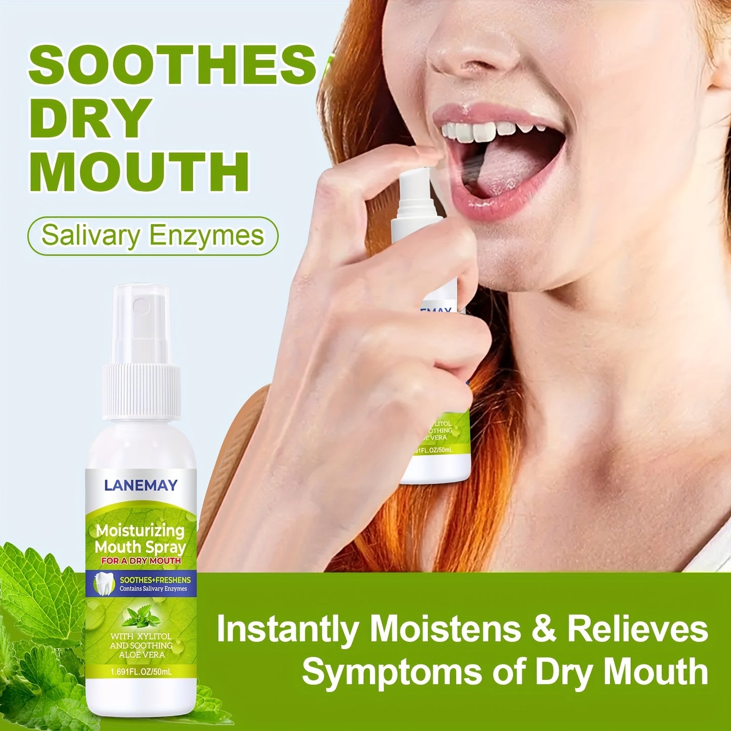Lanemay Alcohol-Free Dry Mouth Moisturizer with Xylitol and Aloe Vera - Instant Relief Salivary Enzyme Breath Freshener, 1.69fl oz/50ml
