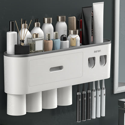 No Drill Adhesive Wall-Mounted Modern White Bathroom Organizer Set with 2-in-1 Magnetic Toothpaste Dispenser & Multi-Tier Storage Shelf - Space-Saving Over Sink Organizer with Suction Cup Hooks, Durable Plastic Construction f