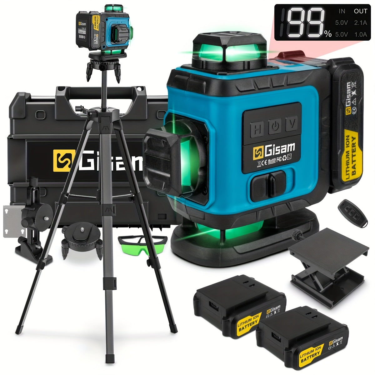 Gisam Multifunctional 16 Lines 4D Green Laser Level with Tripod & App Control, 360° Self-Leveling Horizontal & Vertical Cross Lines, USB & Battery Powered, Includes Carrying Case, Super-Powerful Beam, Portable Design for Ind