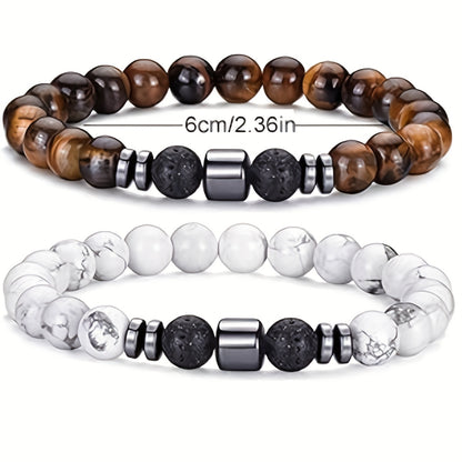 Pulseira de homem de 4 peças com missangas, em tons neutros de olho de tigre, turquesa e espaçador. Feita à mão com elástico, ideal para uso diário e como presente para homens, mulheres e casais.