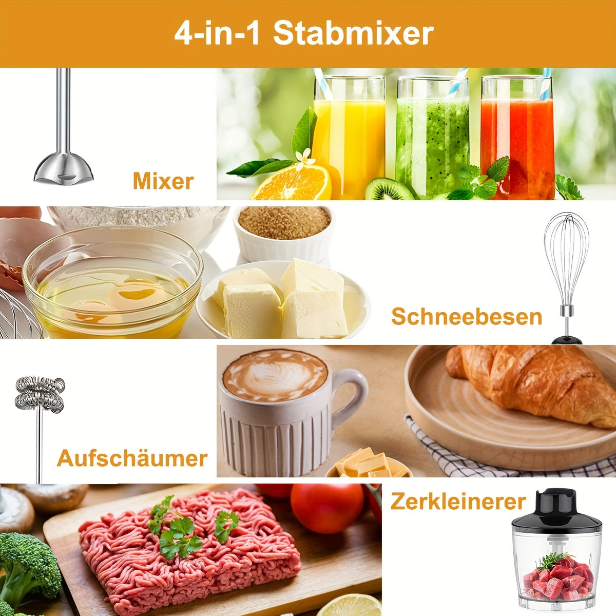 Liquidificador de Imersão Portátil 6 em 1 - Liquidificador em Aço Inoxidável com 5 Velocidades, Processador, Batedor e Espumador de Leite para Carnes, Puré de Batata e Papinhas de Bebé