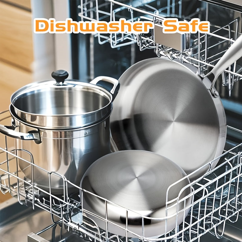 3pcs Sunfiona 316 Stainless Steel Bright Surface Frying Pan, Three-Layer Steel Material, Uncoated Frying Pan, Long-Handled Frying Pan, Wok, Suitable for A Variety Of Induction Cookers, Ovens, Fast Heating, Dishwasher Safe, Ho