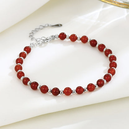 Pure Silvery Material Versatile Round Bead Red Agate Bracelet