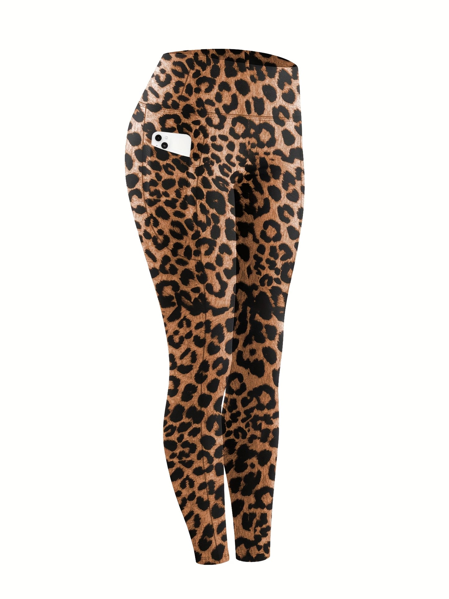 Women'S Plus Size High Waist Tummy Control Leggings with Side Pockets, 88% Polyester 12% Elastane, Knit Fabric, Stretchy Cropped Yoga Pants for Running & Fitness, All Season Solid Color Athletic Skinny Pants