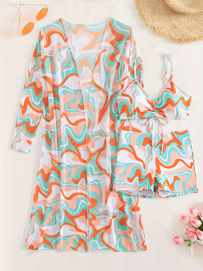 3-piece Geometrical Print Drawstring Bikini Sets, Boxer Short High Rise Bathing Suit, With Long Sleeve Sheer Cover Up Kimono Shirt, Women's Denim & Clothing