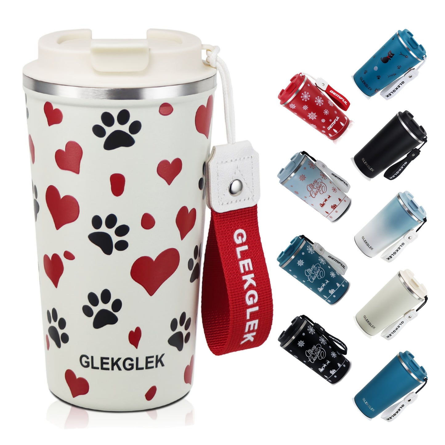 Glekglek 510ml Insulated Travel Mug with Paw Print & Heart Design - Double Wall, Spill Prevention, Dishwasher Safe, Portable Coffee Cup for Valentine'S Day, Thanksgiving, Christmas, Father'S Day, Teachers' Day, Festive Drinkw