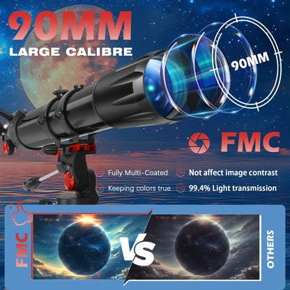 Telescópio refrator profissional com ampliação de 450x, abertura de 90 mm, revestimento completo de 900 mm, alta transmitância, montagem AZ e suporte para telemóvel para observação da lua, pássaros e estrelas - Presente ideal para o Natal e aniversários.