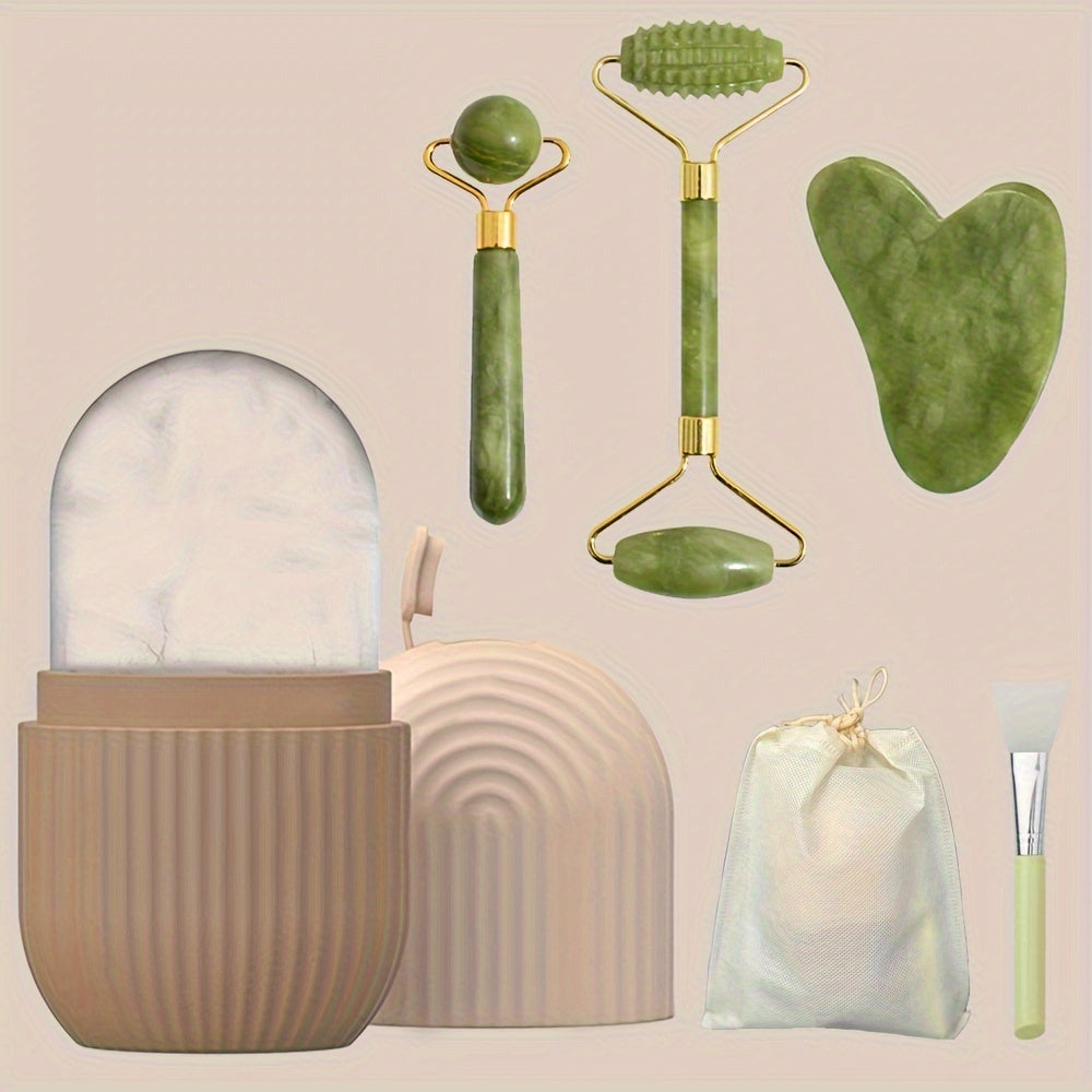 Kit de cuidados faciais luxuoso com 5 peças - Rolo de gelo e jade rejuvenescedor, ferramenta Gua Sha, escova de silicone macia para pele radiante, massagem para os olhos e relaxamento - Sem fragrância, sem bateria, fácil de usar e portátil
