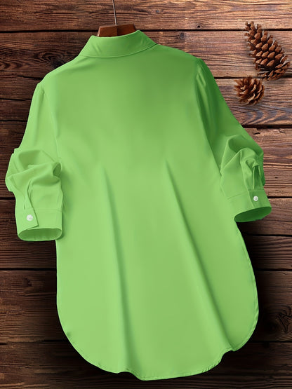 Plus Size Curved Hem Blouse, Casual Button Front Collared Blouse For Spring, Women's Plus Size Clothing