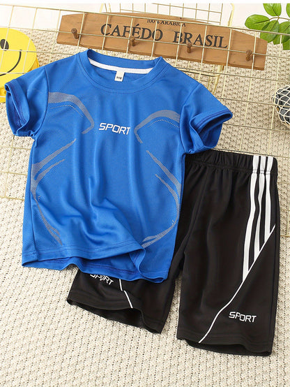 2pcs Boy's "Sport" Outfit Short Sleeves Round Neck T-shirt & Shorts Casual For Summer Daily And Outdoor Wear