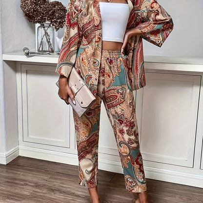 Conjunto Boho Paisley com Calça, Blusa de Manga Comprida com Botões Frontais e Calças Retas - Roupa Mulher