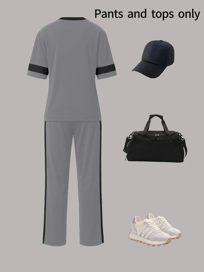 Tendência de moda outono: Conjunto de duas peças para menina composto por t-shirt de manga curta com gola redonda e blocos de cor + calças direitas casuais com cintura elástica e corte largo.