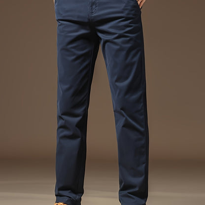 Men's Solid Navy Blue Straight-Leg Dress Pants - All-Season Full-Length Formal & Business Casual Trousers with Zipper Closure, Machine Washable, Durable Comfort Fit for Office, Semi-Formal & Casual Attire - Versatile Solid Co
