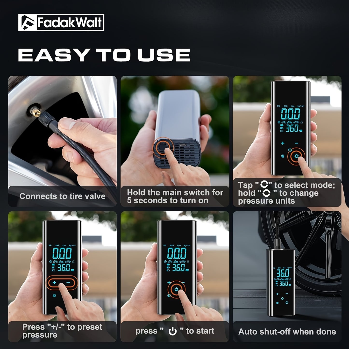 Recomendação: Bomba de ar de alta velocidade de 150 PSI com visor digital inteligente e luz de emergência para reparação de pneus. Adequada para encher carros, motas, bicicletas e diversos tipos de bolas. Versão preta obsidiana.