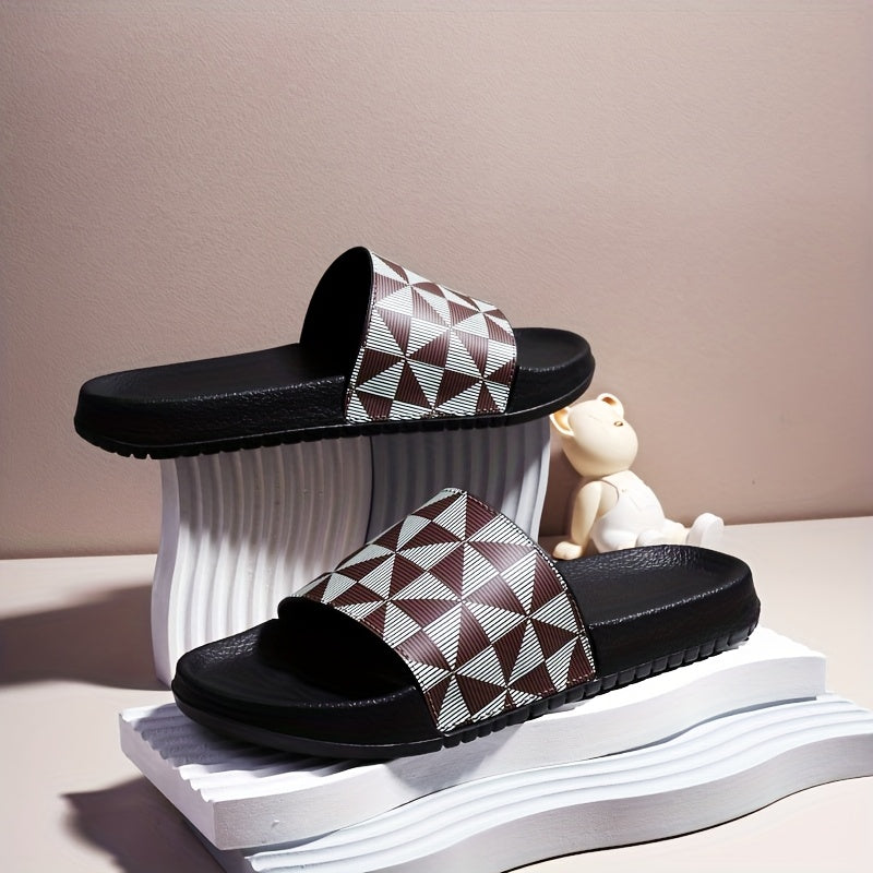 Sandálias de verão tipo slide para homem - Chinelos casuais antiderrapantes com sola macia e estampado geométrico, preto e cinzento, confortáveis ​​para uso interior e exterior.
