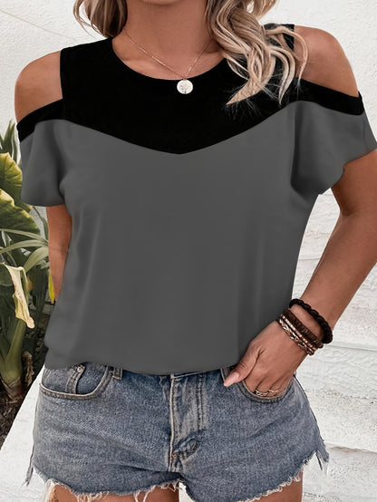 9068# Women's Plus Size Off-Shoulder Round Neck T-Shirt - Color Block Striped Summer Top, Breathable Machine-Washable Casual Elegant Tee, Ladies T Shirts, Easycare Clothing, Nontransparent Fabric, Relaxed Fit, Stylish Blouse,