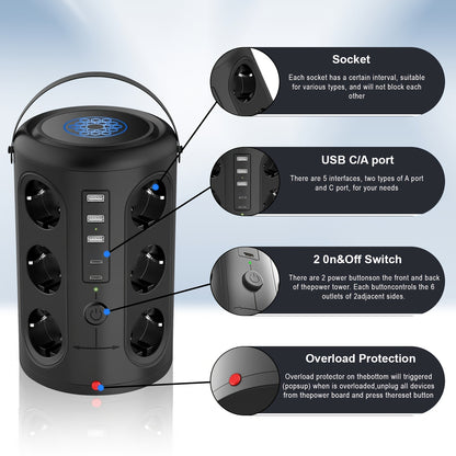 12-Slot Power Strip with 2 USB Fast Charging Ports, 2500W/10A, Voltage Protection, 2.8m Extension Cable, Desktop Tower Design & 2 Main Switches for Home/Office - EU Plug (Black)