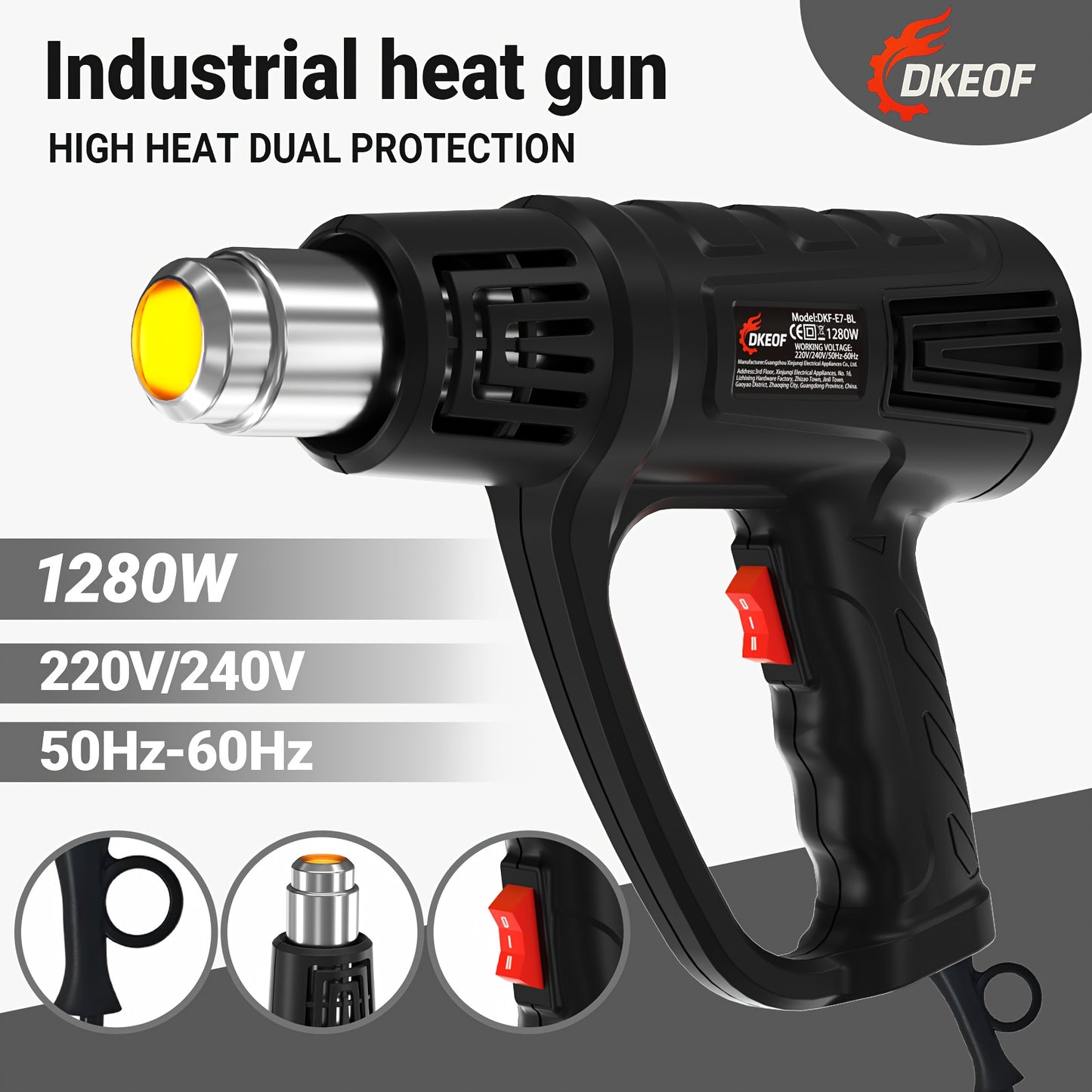 DKEOF Turbo Heat Gun Pro - 1280W High-Power Industrial Heat Gun with 4-Nozzle Kit, 100-600°C Precision Temperature Control, Overheat Protection, Durable Construction, Ergonomic Design, Heavy-Duty Metal Construction for Weldi