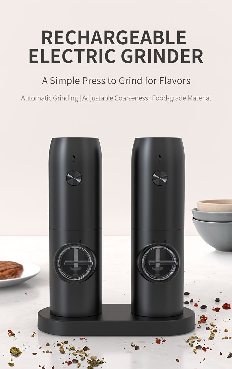 1pc/2pcs Option, Rechargeable Electric Salt And Pepper Grinder, Automatic Salt And Pepper Grinder with LED Light, Adjustable Coarseness, Large Capacity, Suitable for Home Kitchen Barbecue, Restaurant, Outdoor, Wedding Gift