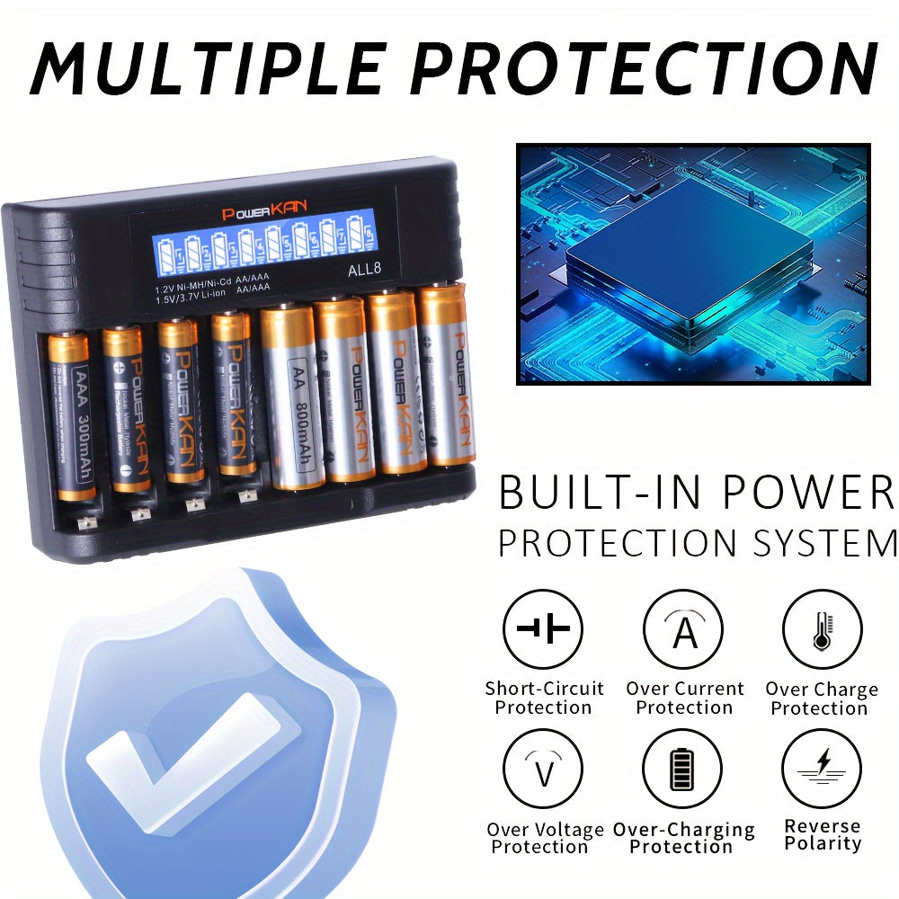 Set (battery + charger), PowerKAN 1.2V NiMH rechargeable AA & AAA Battery + ALL8 charger, high quality battery rechargeable discharge cycle, 800mAh AAx8 & 300mAh AAAx8 combination, with 5V 2A USB fast charging LCD charger