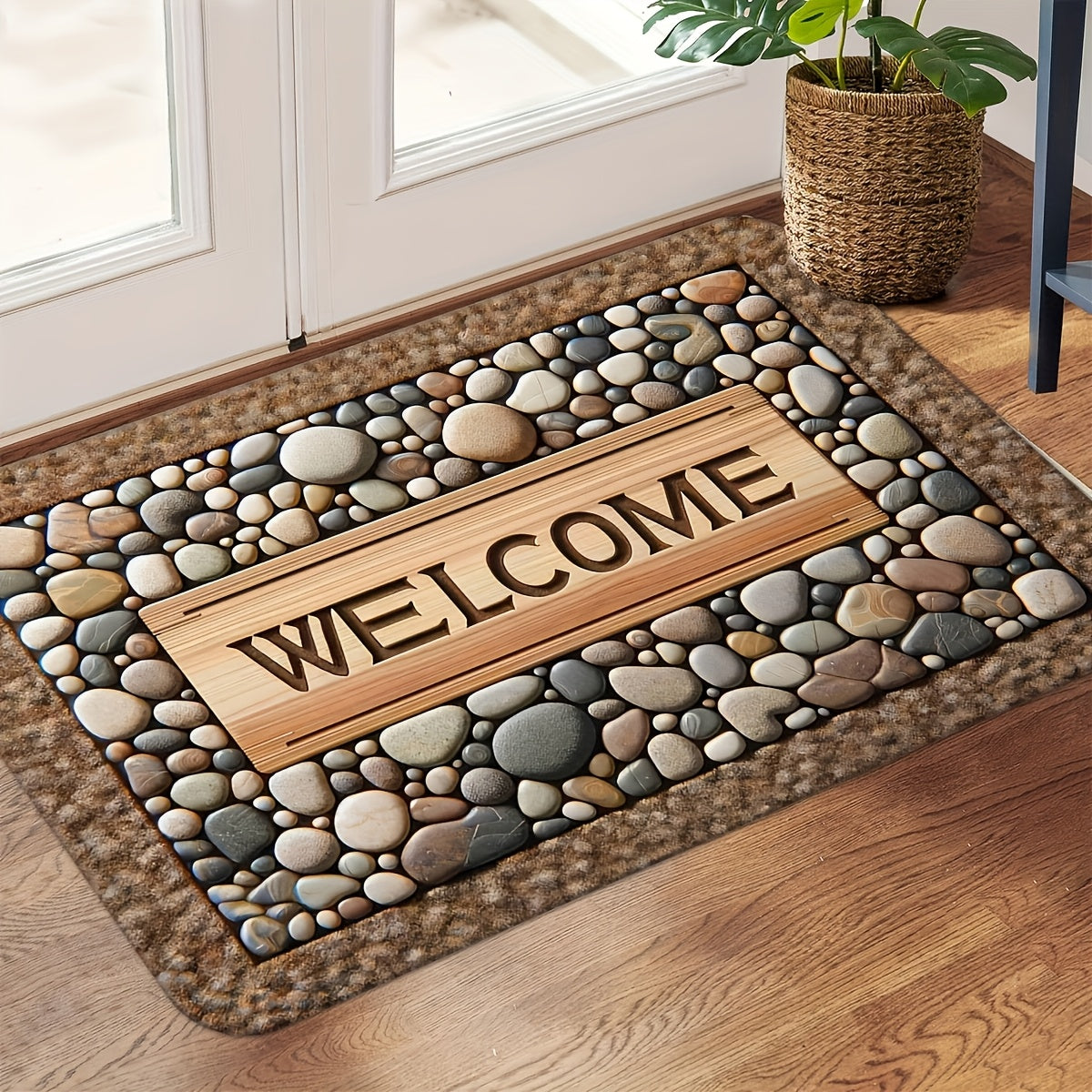 2D Welcome Home Non-Slip Door Mat - Durable, Machine Washable Mat with Stone Pattern & Wood Texture Design - Perfect for Farmhouse Decor, All-Season Use, Polyester Material, Welcoming Entrance Mat | Natural Look Mat | Wooden