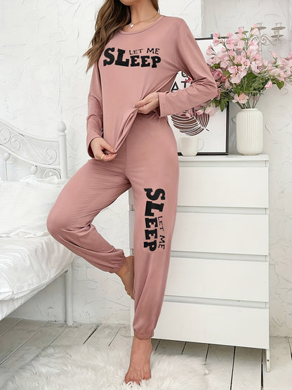 Pijama de senhora de outono e inverno, com mangas compridas e calças compridas, estampado de letras em estilo cartoon, conjunto casual para usar em casa em todas as estações.