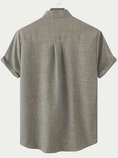 Solid Color Men's Short Sleeve Stand Collar Shirt, Men's Casual Button Up Shirt For Summer Outdoor