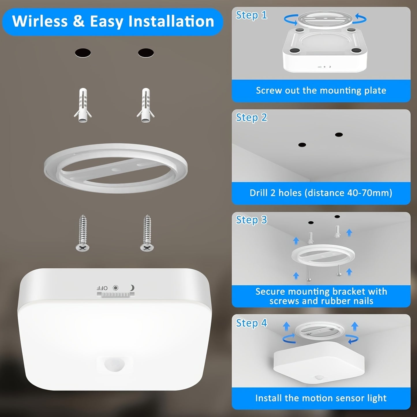 1 Modern Motion Sensor LED Ceiling Light, 500LM High Brightness 10000mAh Rechargeable Battery Powered Wireless, Day and Night Two Work Modes Motion Sensor Lamp, Suitable for Entrance, Kitchen, Stairs, Hallway, Pantry, Superma