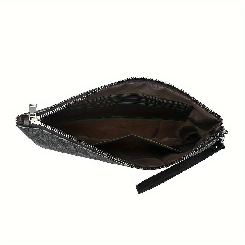 Men'S Stylish Black Synthetic Clutch Bag with Hexagonal Pattern & Card Slots - Perfect for Keys, Phone, Tablet, and Cards - Durable Zipper Closure for Everyday Use