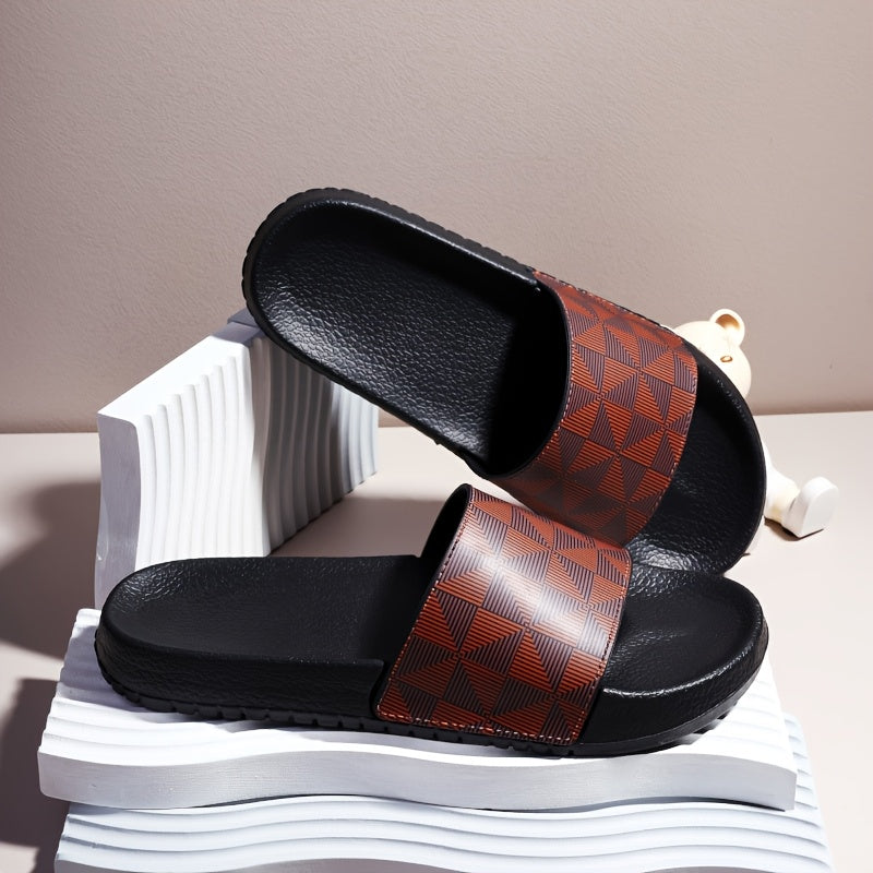 Sandálias de verão tipo slide para homem - Chinelos casuais antiderrapantes com sola macia e estampado geométrico, preto e cinzento, confortáveis ​​para uso interior e exterior.