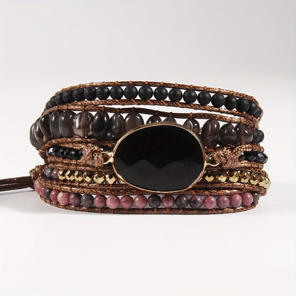 Bohemian Style Handmade Beaded Bracelet, Natural Stone Glass Wax Rope 5-Strand Wrap Bracelet for Women