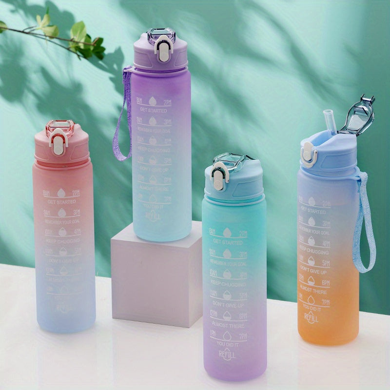 750ml Motivational Gradient Water Bottle With Time Marker And Straw - Leakproof Sports Water Cup For Outdoor Activities, Running, Fitness, Hiking, And Camping - BPA-Free Plastic, 32 Oz.