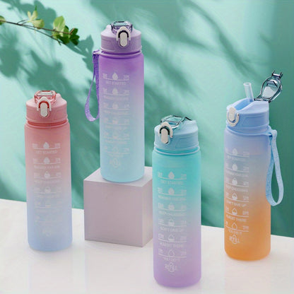 750ml Motivational Gradient Water Bottle With Time Marker And Straw - Leakproof Sports Water Cup For Outdoor Activities, Running, Fitness, Hiking, And Camping - BPA-Free Plastic, 32 Oz.