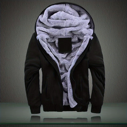 Men's Warm Fleece Hooded Jacket Coat, Warm Thick Zip Up Hoodie For Fall Winter