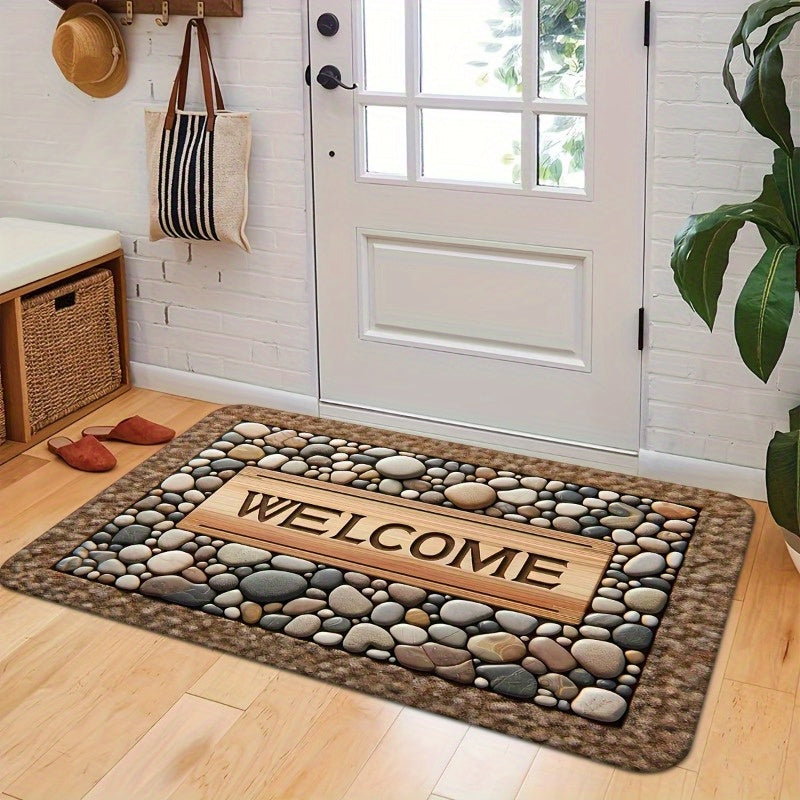 2D Welcome Home Non-Slip Door Mat - Durable, Machine Washable Mat with Stone Pattern & Wood Texture Design - Perfect for Farmhouse Decor, All-Season Use, Polyester Material, Welcoming Entrance Mat | Natural Look Mat | Wooden