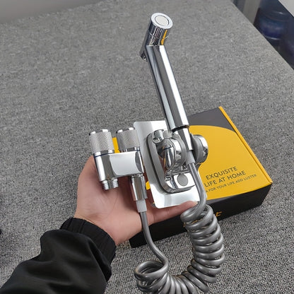 Double control angle valve with one inlet and two outlets, new booster spray gun includes a 2-meter telescopic hose, no-drill bracket. G1/2 interface, easy installation, convenient to use, comes with mounting accessories, no