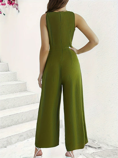 V Neck Knotted Jumpsuit, Casual Wide Leg Sleeveless Jumpsuit For Spring & Summer, Women's Clothing