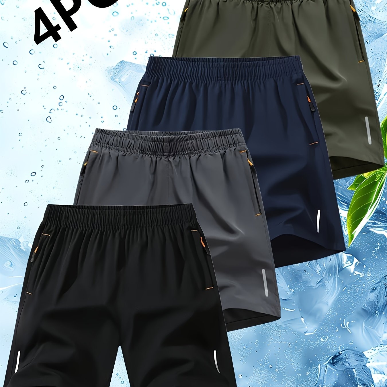 Conjunto de 4 calções desportivos para homem com riscas refletoras - Calções respiráveis ​​de secagem rápida para treinos de verão com bolsos, bege, azul marinho e preto. Calções para ténis e ginásio, design desportivo, tecido de secagem rápida.