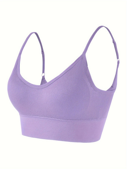 Solid Ribbed Sports Bra, Comfy & Breathable Workout Fitness Intimates Bra, Women's Lingerie & Underwear